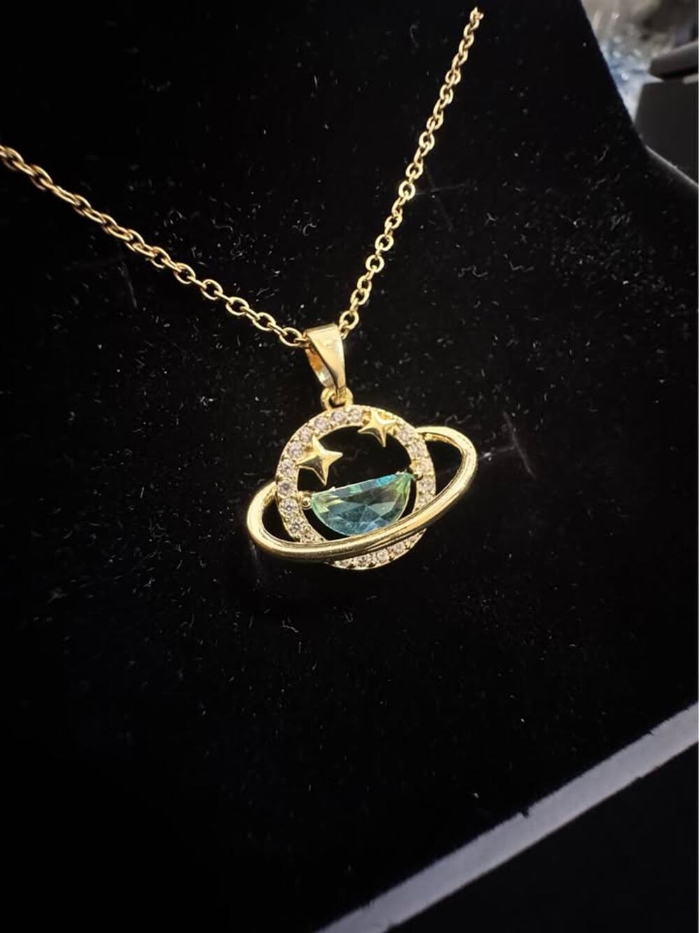 Stainless steel Gold-Tone Planet Saturn Necklace with Blue Stone